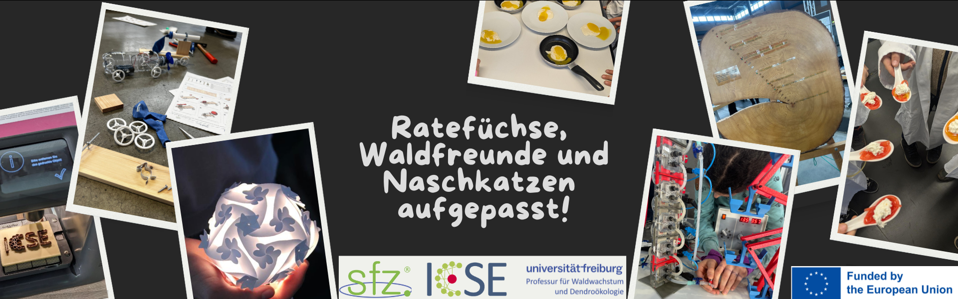 Verschiedene Bilder von ICSE Science Factory Projekten zeigen eine schöne weiße Lampe, Essen auf Löffeln, einen Schoko 3D-Drucker, den baukasten für ein 3D-gedrucktes Auto, einen Baumstamm und ein wissenschaftliche Instrument. In der Mitte steht mit weiß auf schwarz geschrieben: Ratefüche, Waldfreunde und Naschkatzen aufgepasst! Unten sind die Logos der Science Days, von ICSE, dem sfz und der Uni Freiburg, sowie das Logo der EU mit dem Schriftzug: Funded by the European Union.
