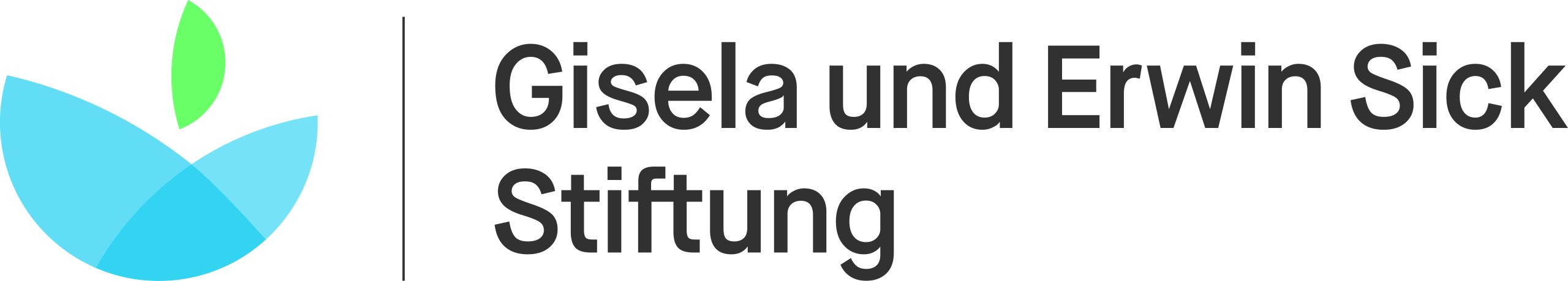 Logo der Gisela und Erwin Sick Stiftung: 2 transparente blaue Halbkreise, die sich übereinander legen mit einem grünen kleinen Halbkreis, der über den beiden schwebt. Daneben steht der Name der Stiftung.