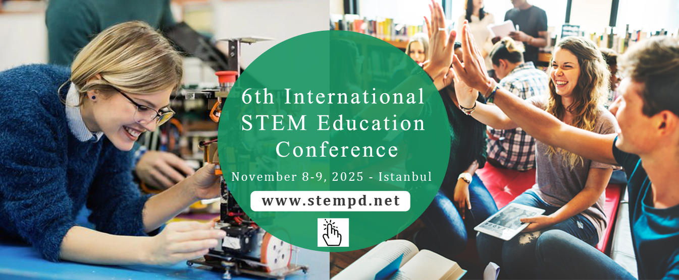 Ein Bild von Menschen, die sich die Hände reichen, im Kreis sitzen und lächeln. Eine weitere Person, die auf ein wissenschaftliches Instrument schaut und lächelt. In der Mitte befindet sich ein grüner Kreis mit der Aufschrift „6. Internationale STEM-Bildungskonferenz, 8. bis 9. November 2025 – Istanbul”. Und der Weblink: www.stempd.net mit einem Klick-Symbol.